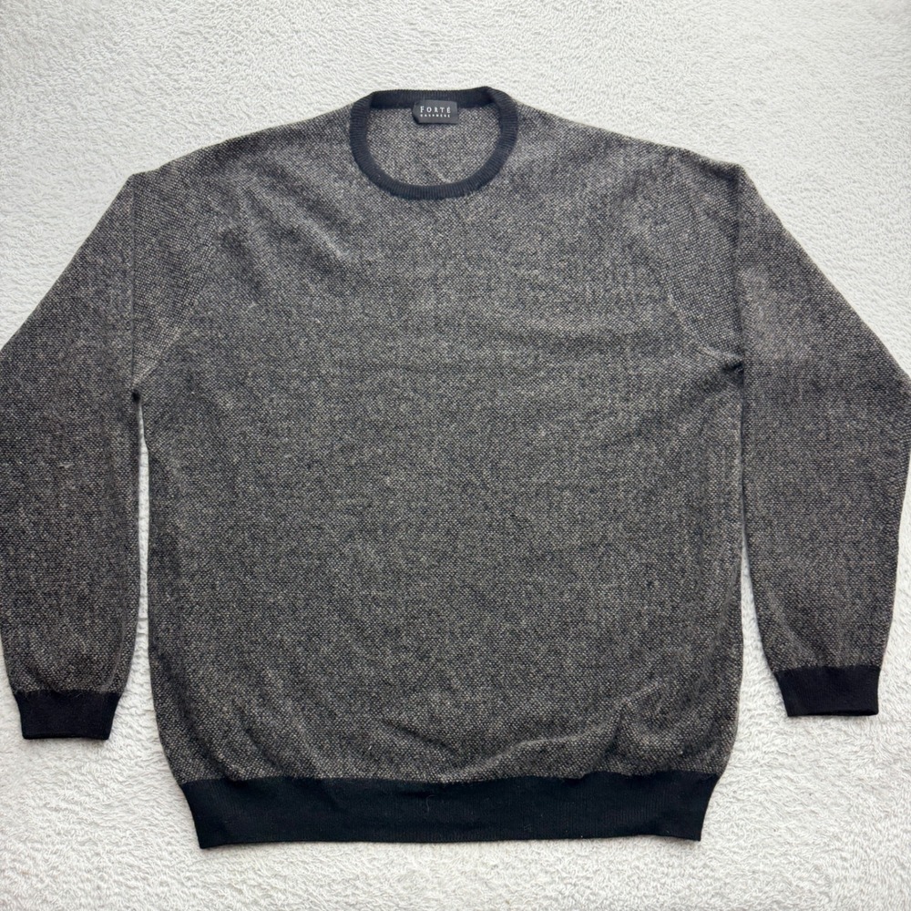 Forte Cashmere Men XL Sweater Grey Black Marled Crew Neck 100% Cashmere Pullover